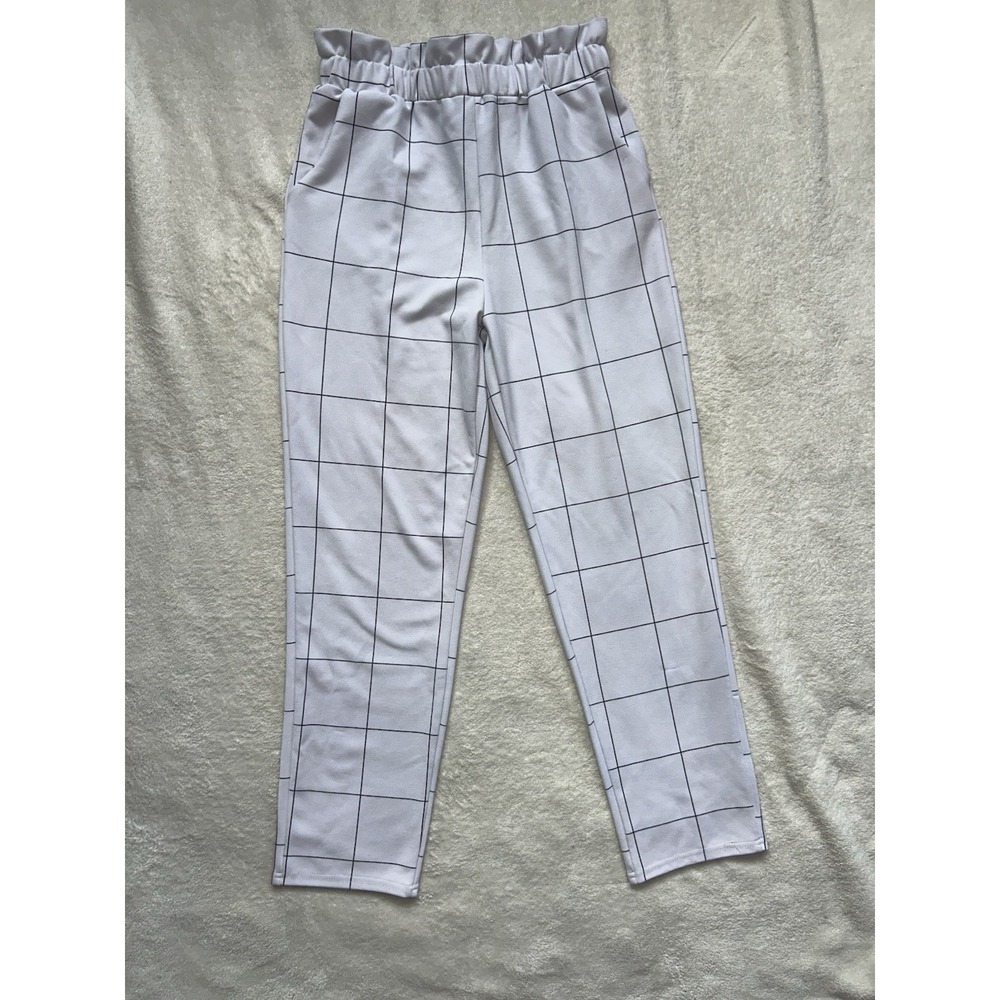 SoHo Apparel White + Black Grid Patterned Womens Pants Elastic Waist Size M